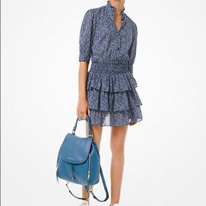 Michael Kors Floral Cotton Tiered Dress In Blue